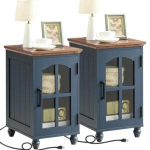 Narrow Side Table Set of 2 Farmhouse Nightstand with Charging Station