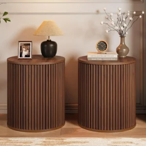 Pair of Mid-Century Modern Round Fluted Side Tables, 15.7 Wooden Nightstands with Storage